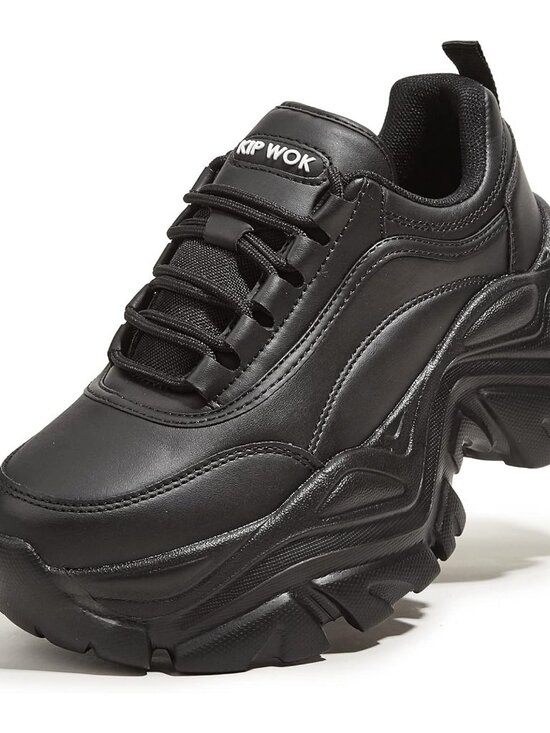 Shoes - Women's Black Leather Fashion Platform Comfortable Wedge Walking Sneakers Shoes